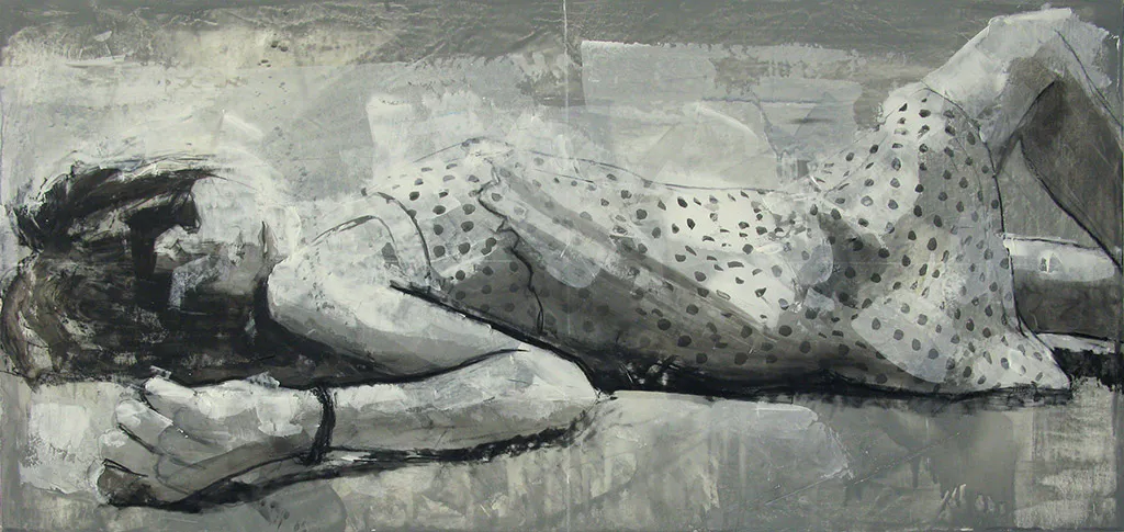 <p>Durmiente (2015), acrílico, carboncillo, grafito y gesso sobre tela y madera, 40x85 cm</p>
