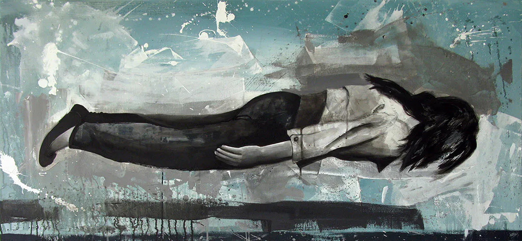 <p>El acto de flotar (2015), acrílico, carboncillo, grafito y gesso sobre tela y madera, 55x120 cm</p>
