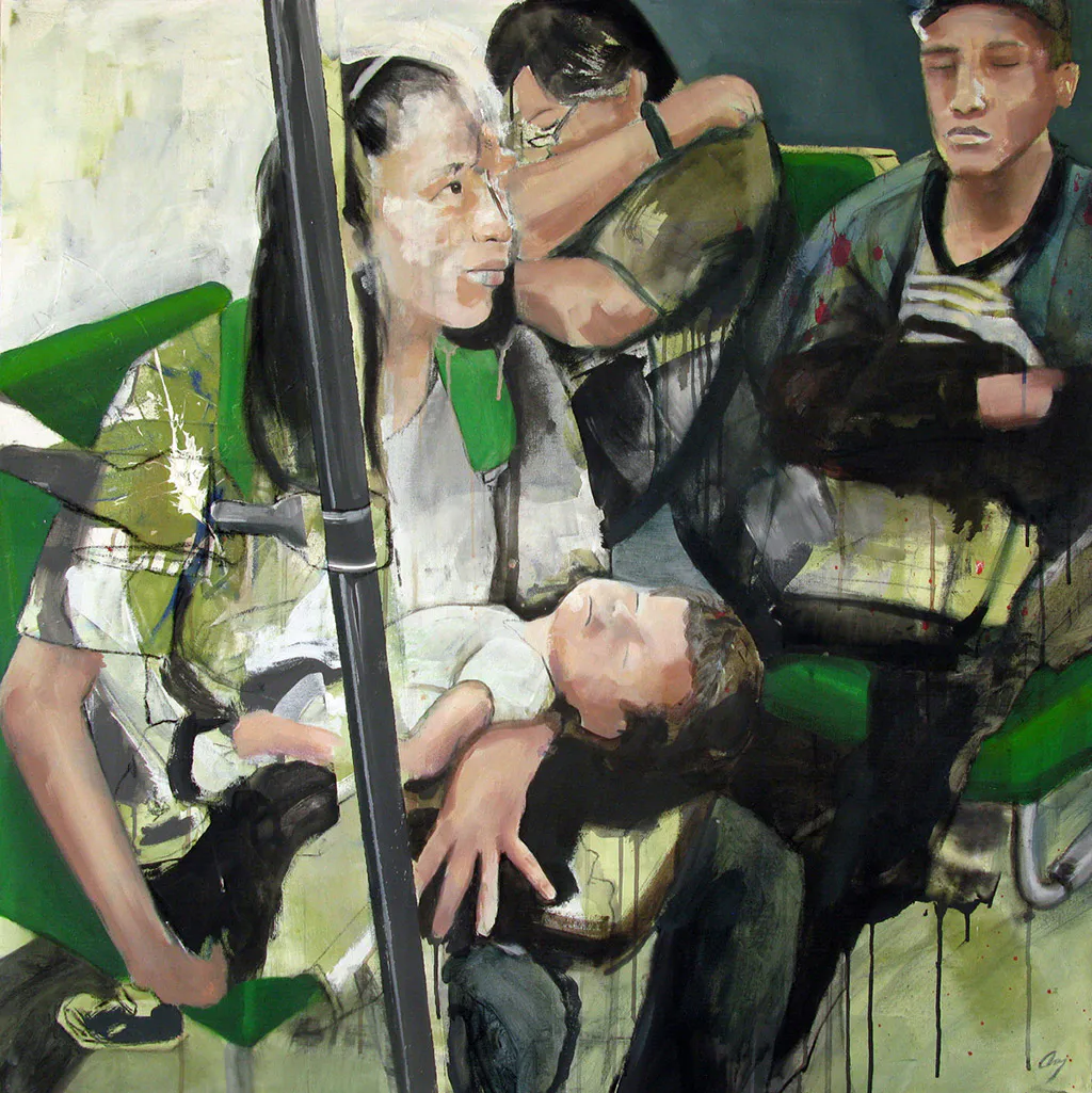 <p>Escena en metro I / Zapata (2015), acrílico y óleo sobre tela y madera, 100x100 cm</p>
