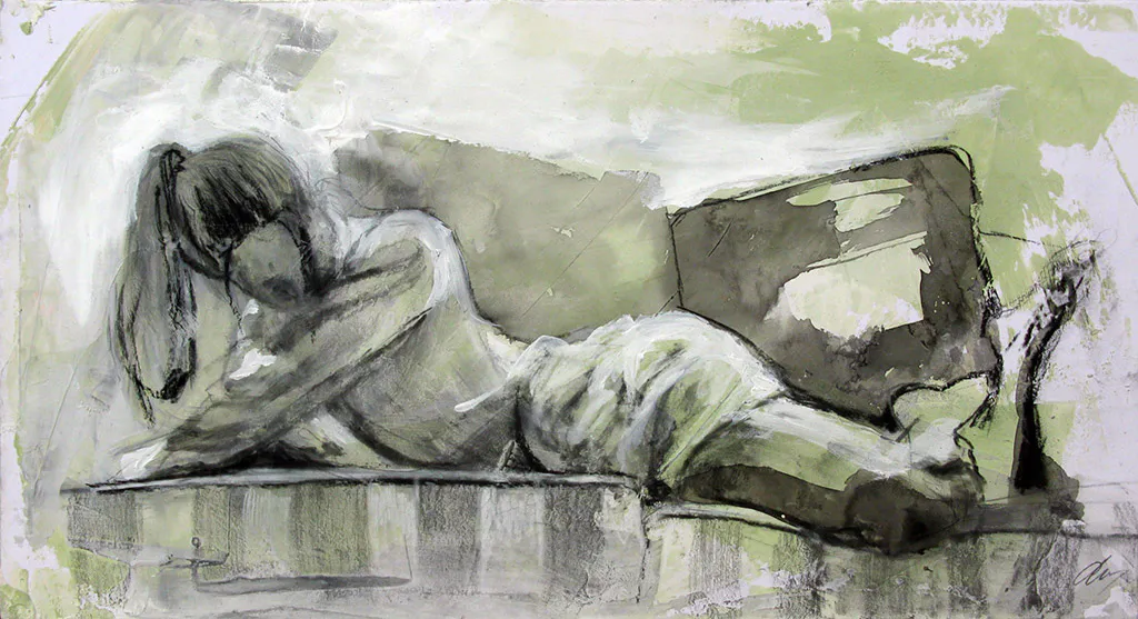 <p>Estudio la infanta (2015), grafito, carboncillo, acrílico y gesso sobre papel, 15x28 cm</p>
