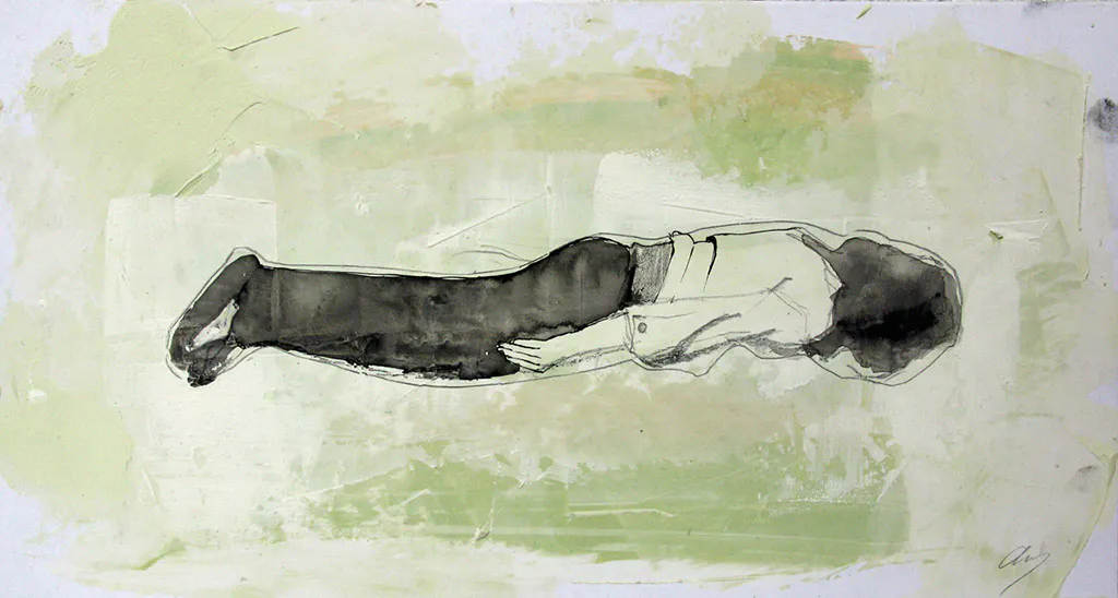 <p>Estudio el acto de flotar (2015), grafito, carboncillo, acrílico y gesso sobre papel, 15x29 cm</p>
