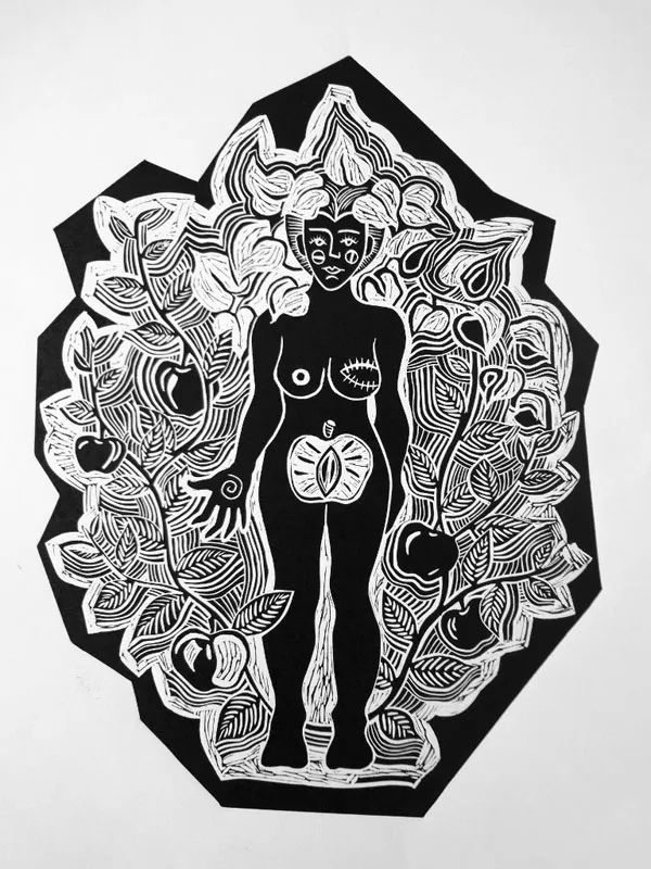 <p>Rosa con manzanas | Grabado en linóleo estampado sobre papel | 40 x 30 cm | 2014</p>
