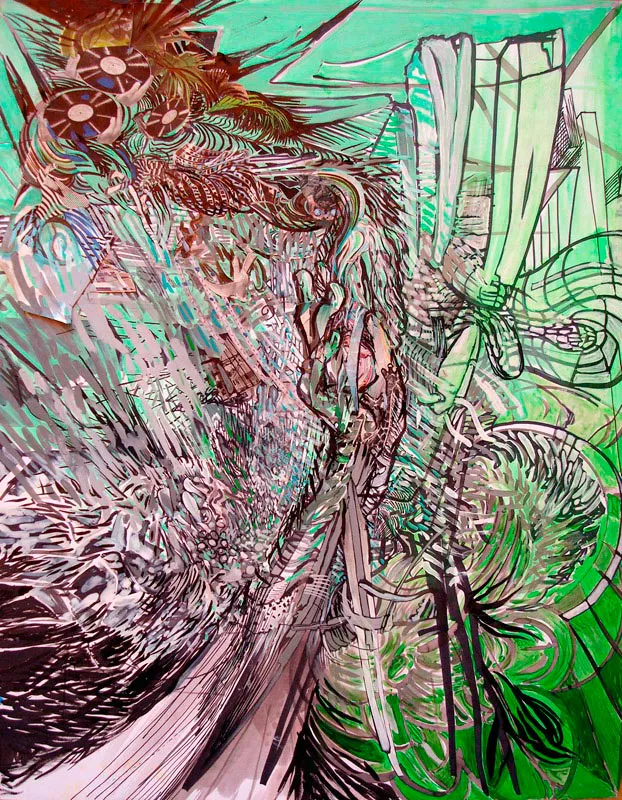 <p>Skype me my friend! | 2011 | Tinta, acrílico. Marcador y collage en papel | 69 x 54 cm.</p>
