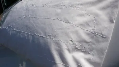 <p>De la serie: Para ser feliz | 2009 | Juego de sábanas, almohada, hilo, aguja, caja de cerillos con pastillas y mobiliario de hospital | Dimensiones variables</p>
