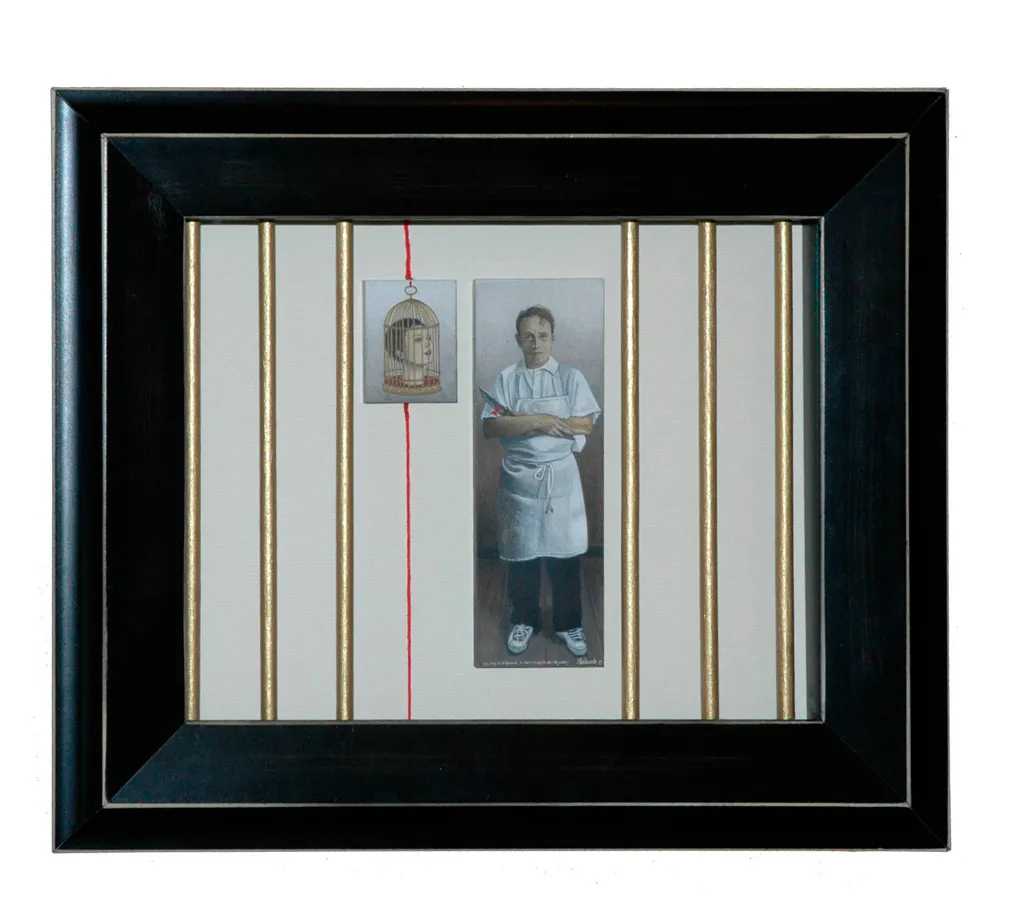 <p>Los celos lo obligaron a hacerse constructor de jaulas | 2010 | Temple de huevo sobre panel y técnica mixta | 0 x 34 x 5.8 cm</p>
