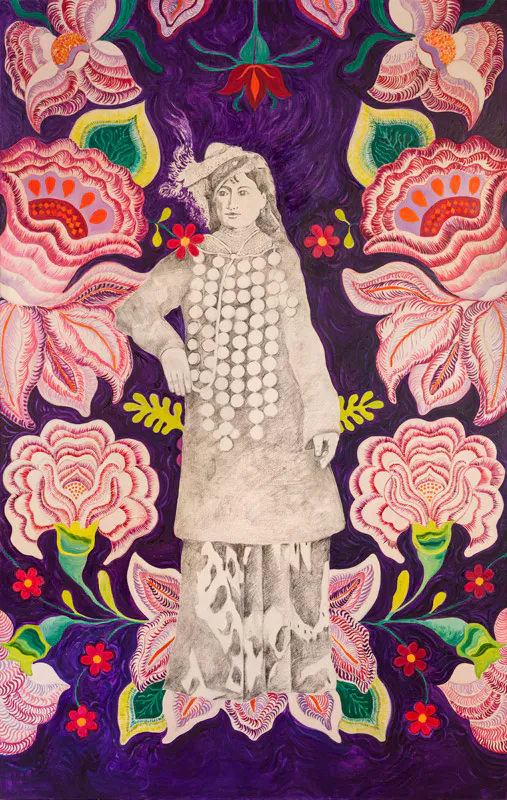 <p>Mujer de Tashkent entretejida con textil oaxaqueño, de la serie Guerreras en el Tiempo. 2020. Oleo y acrílicos sobre tela, 190 x120 cm.</p>
