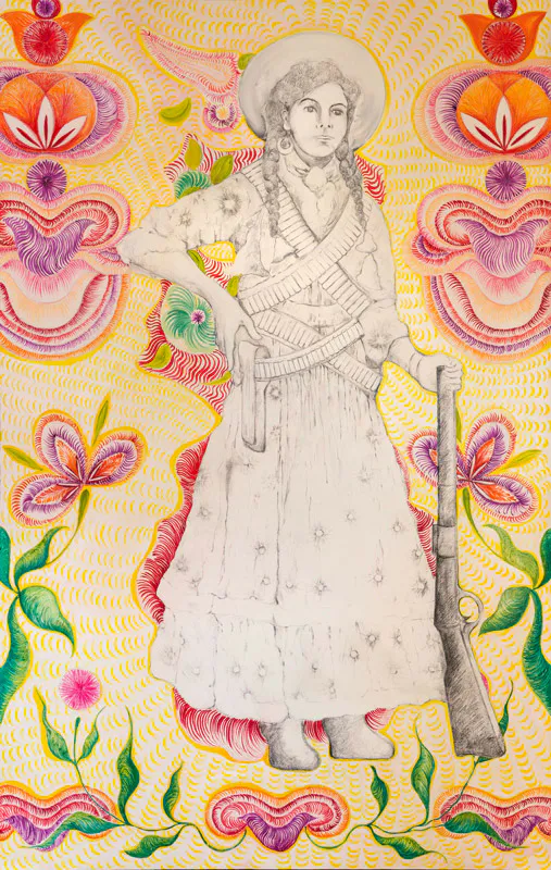 <p>Soldadera entretejida con textil oaxaqueño, de la serie Guerreras en el Tiempo. 2021. Oleo y acrílicos sobre tela. 190 x 120 cm.</p>
