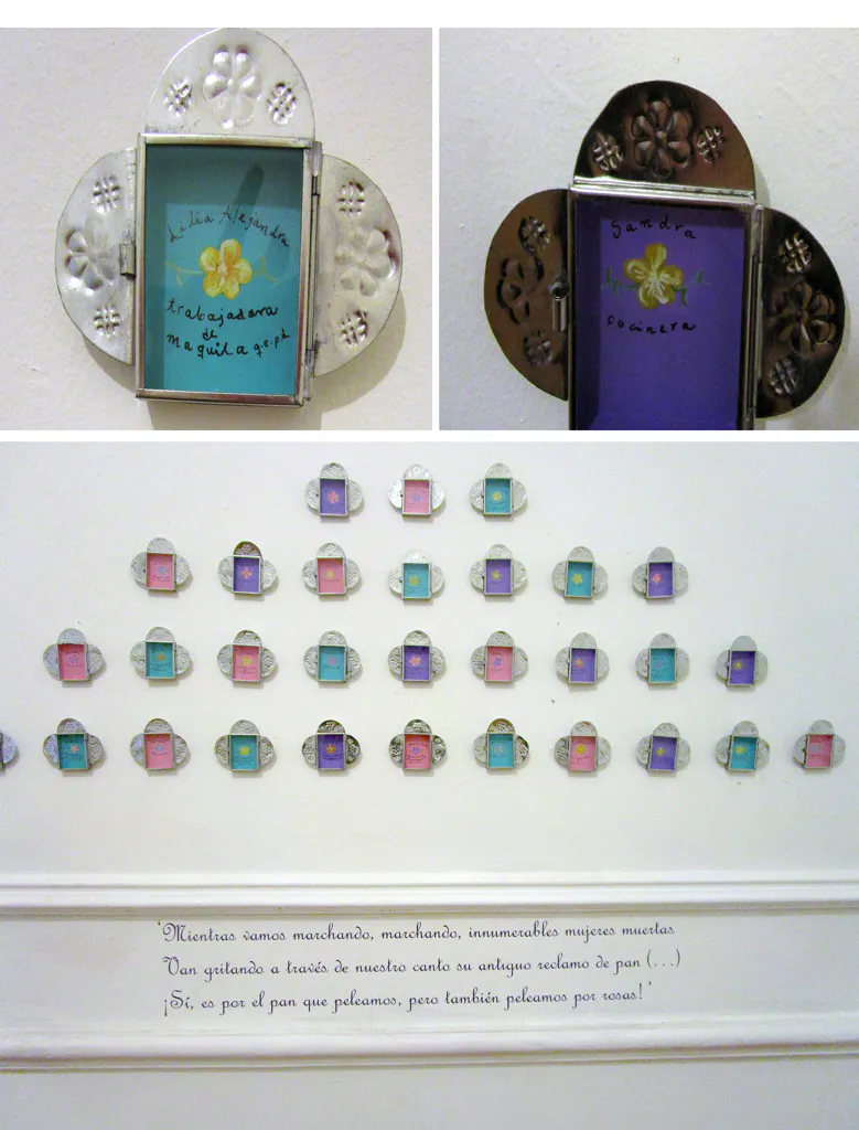 <p>En memoria de… | 29 piezas de hoja de lata, pintura acrìlica, texto vinilico sobre pared | Medidas variables | 2016</p>
