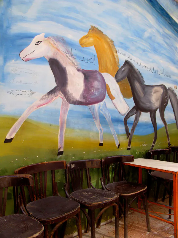 <p>Del Libro Laberintos Caligraficos de la coleccion Luz Portatil editada por Artes de México. 2009. (Un viaje por Cairo, Jerusalem, y Jordania) | Mural de caballos | Calle Bab El Wasir. A un lado de la Mezquita Azul | Cairo 2008 | Imagen Digital | Cromogena</p>
