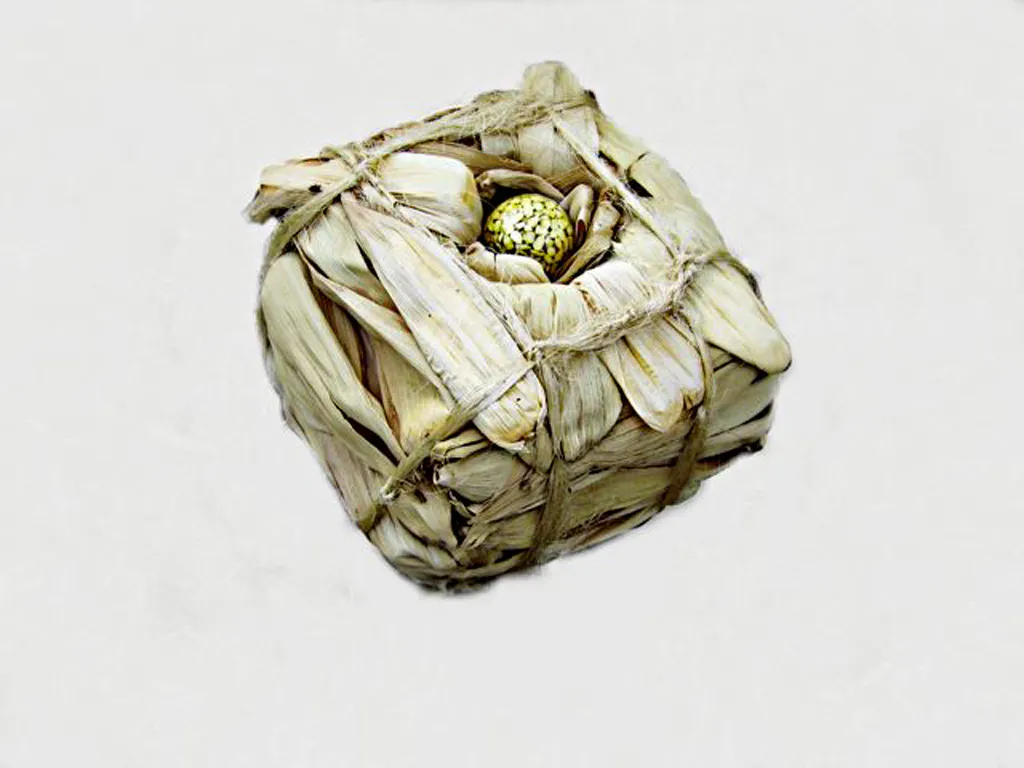 <p>Casa | técnica: mixta | materiales: hojas de maíz, semillas de maíz criollo blanco encapsuladas en resina | medidas: 30 X 30 X 30 cm | fecha: 2005 | 2005 exposición 