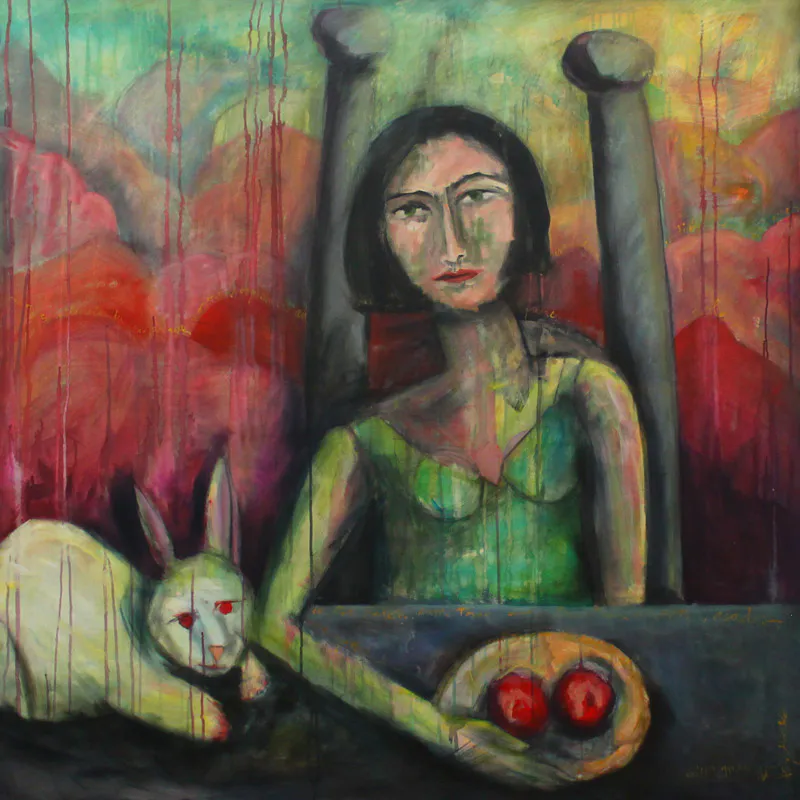 <p>Aura toma unos tomates enteros asados | Acrílico sobre tela |160 x 160 cm</p>
