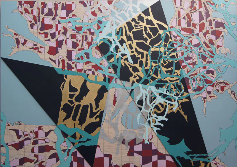 <p>El árbol se pliega en el horizonte 2 | Pintura vinil-acrílica/madera | 122 x 172 cm | 2012-15</p>
