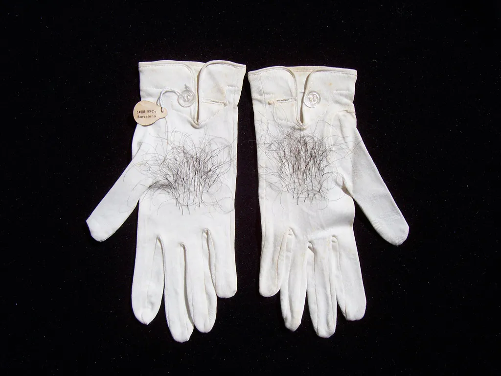 <p>Mi Propio Infierno | Guantes de niño antiguos bordados con cabello humano | 12x14cm cada uno | 2008</p>
