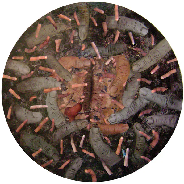 <p>¿Dónde está la boca? | 100cm diámetro. Mixta/madera | 2007</p>
