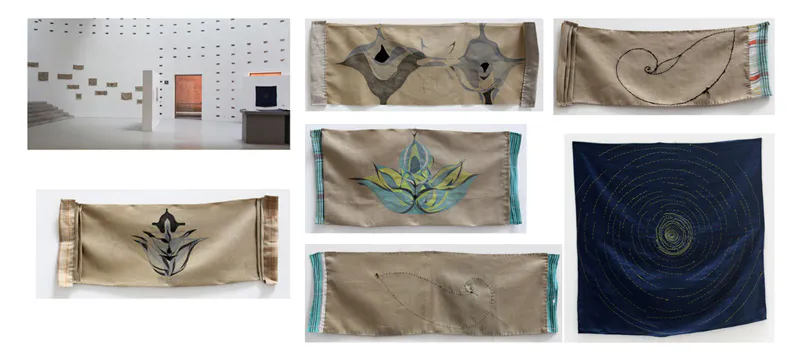 <p>Pictogramas, 2014 | c/motivo 39 x 70 cm | lino, hilo y pastel</p>
