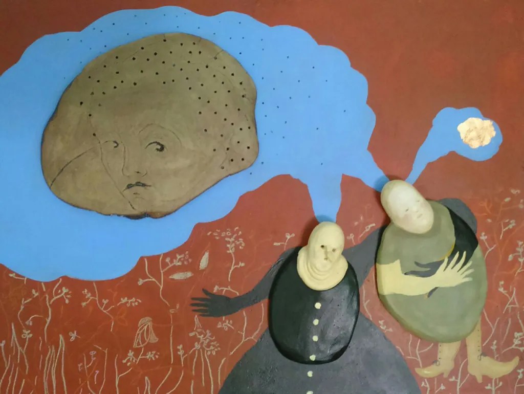 <p>Cerámica de alta temperatura sobre soporte de madera intervenido 43x32x5cm</p>
